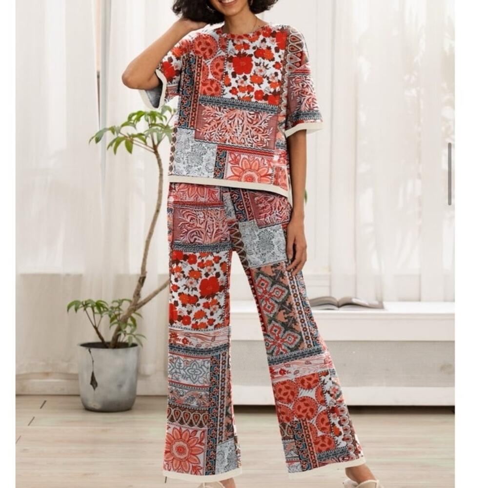 NWT ~ Women's Boho 2pc Square Geo Flower Top & Pants Casual Lounge Outfit ~ XL